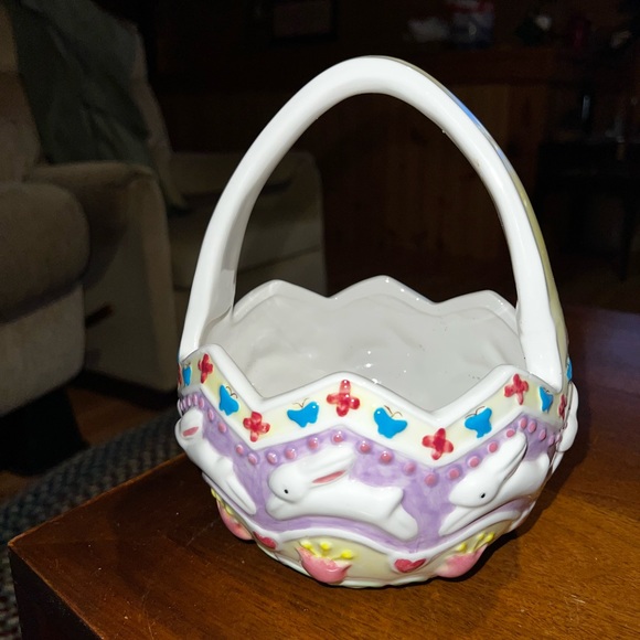 Ceramic Multicolored Easter Basket With Rabbit And Flowers - Picture 2 of 10